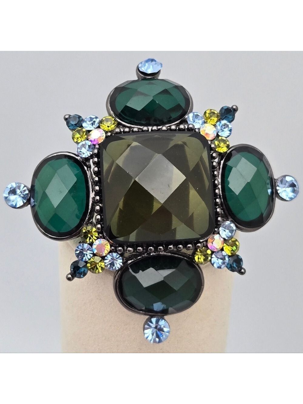Large Green Blue Lemon Vintage Aurora Borealis AB Faceted Brooch Pin